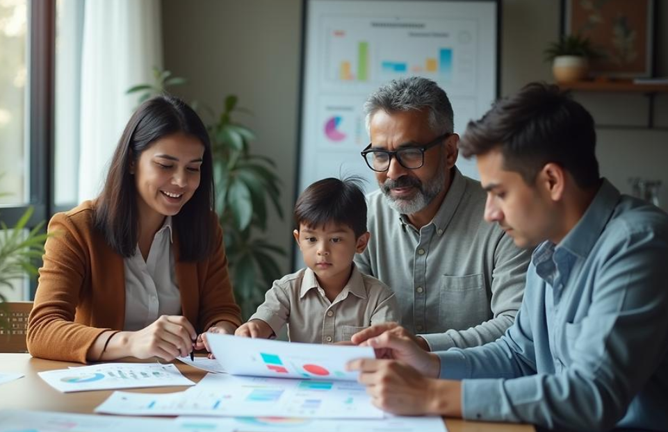 Financial documents and investment portfolio review showing mutual fund statements and insurance policies at Victory Investment Solutions financial consultancy New Delhi office